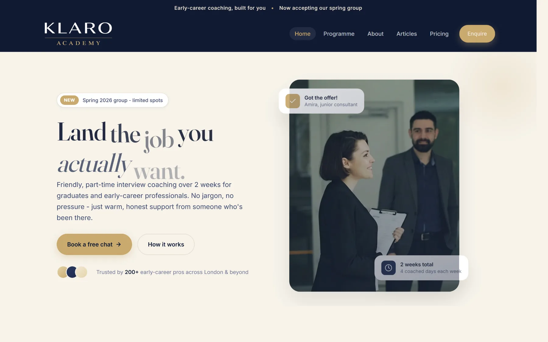Klaro Academy in production — cream and navy landing page with the headline “Land the job you actually want”