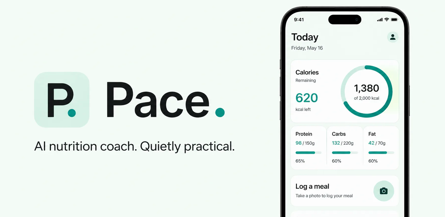 Pace in production — Today screen with remaining calories, macro bars and a photo meal log